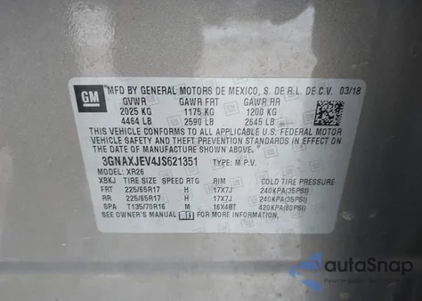 2018 Chevrolet Equinox Lt from USA, damaged, VIN 3GNAXJEV4JS621351